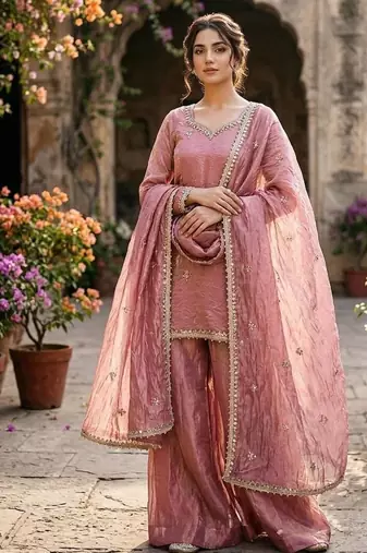 Designer pink embroidered kurta sharara suit for bridesmaid & festivals