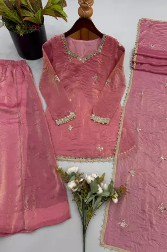 Designer pink embroidered kurta sharara suit for bridesmaid & festivals