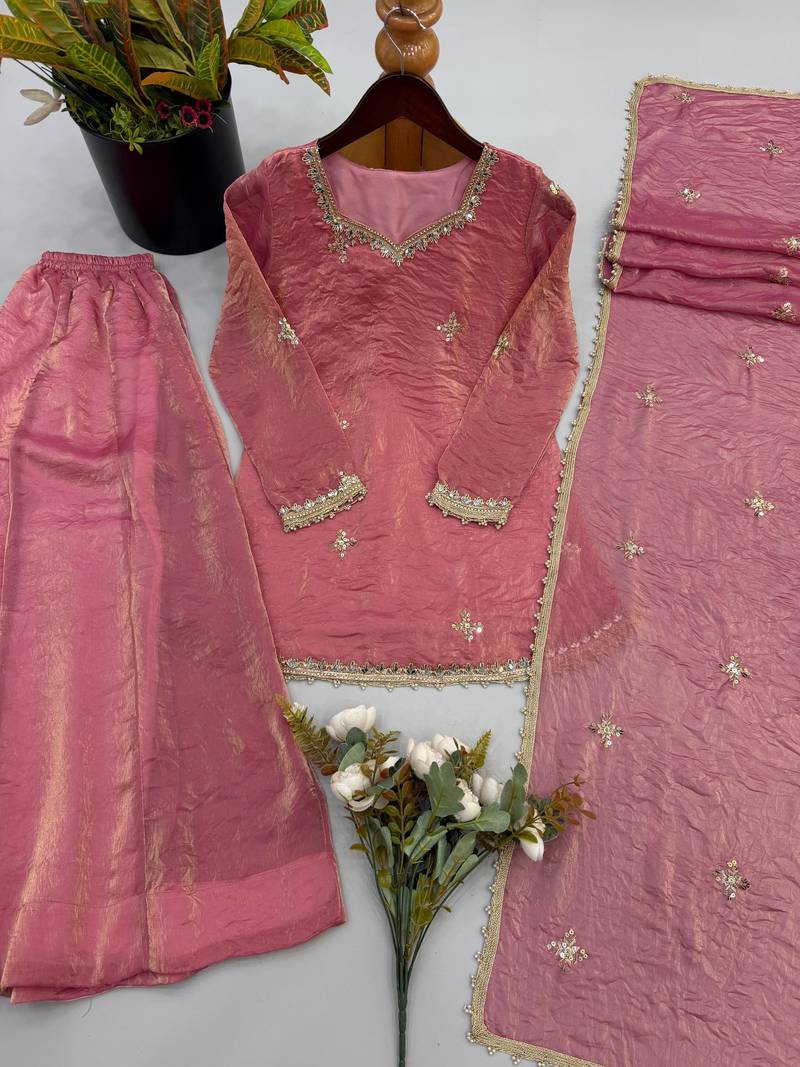 Designer pink embroidered kurta sharara suit for bridesmaid & festivals
