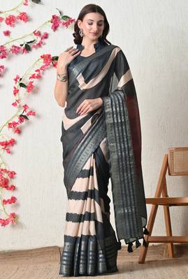 blue cotton blend stripes print golden zari woven border saree with unstitched blouse piece 2