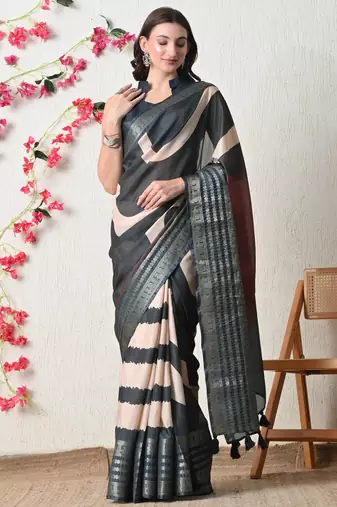 blue cotton blend stripes print golden zari woven border saree with unstitched blouse piece