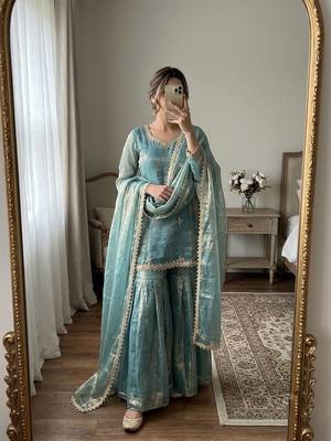 Designer teal embroidered kurta sharara suit for bridesmaid & festivals 1