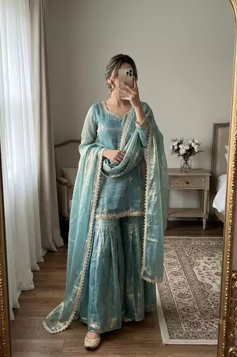 Designer teal embroidered kurta sharara suit for bridesmaid & festivals