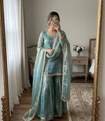 Designer teal embroidered kurta sharara suit for bridesmaid & festivals