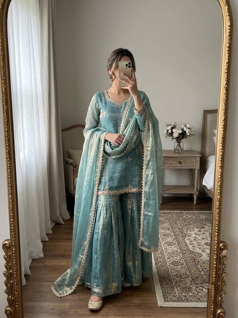Designer teal embroidered kurta sharara suit for bridesmaid & festivals