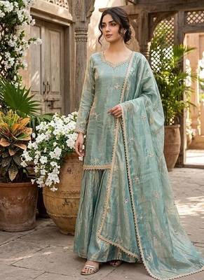 Designer teal embroidered kurta sharara suit for bridesmaid & festivals 2