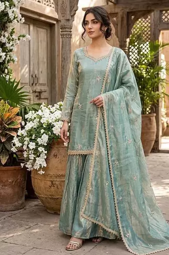 Designer teal embroidered kurta sharara suit for bridesmaid & festivals