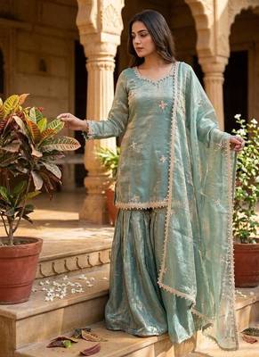 Designer teal embroidered kurta sharara suit for bridesmaid & festivals 3