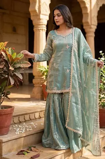 Designer teal embroidered kurta sharara suit for bridesmaid & festivals
