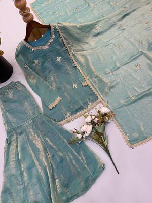 Designer teal embroidered kurta sharara suit for bridesmaid & festivals 4