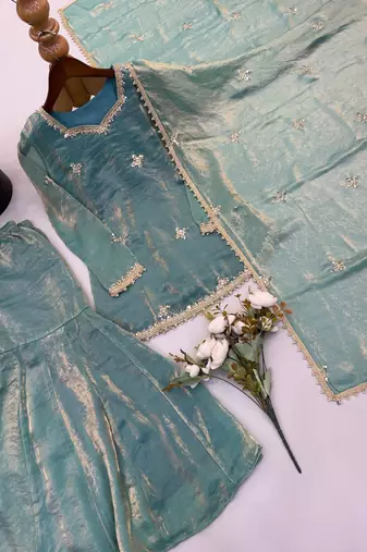 Designer teal embroidered kurta sharara suit for bridesmaid & festivals
