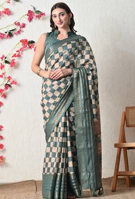 teal cotton blend checks print golden zari woven border saree with unstitched blouse piece 1