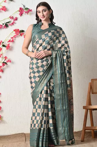 teal cotton blend checks print golden zari woven border saree with unstitched blouse piece