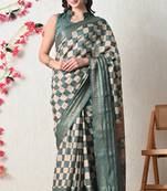 teal cotton blend checks print golden zari woven border saree with unstitched blouse piece
