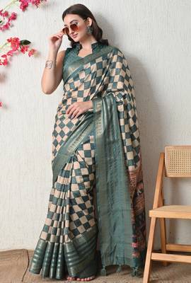 teal cotton blend checks print golden zari woven border saree with unstitched blouse piece 2