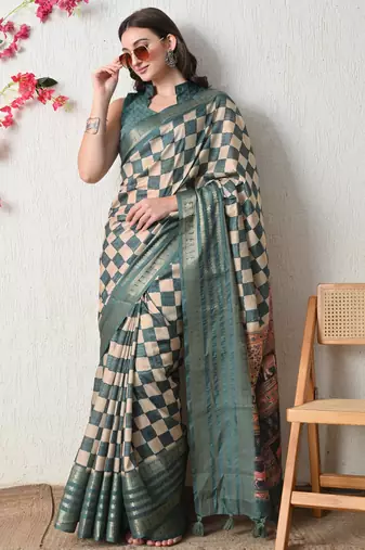 teal cotton blend checks print golden zari woven border saree with unstitched blouse piece