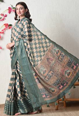 teal cotton blend checks print golden zari woven border saree with unstitched blouse piece 3