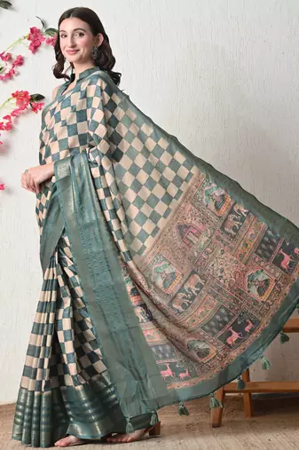 teal cotton blend checks print golden zari woven border saree with unstitched blouse piece