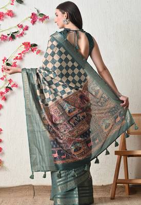 teal cotton blend checks print golden zari woven border saree with unstitched blouse piece 4