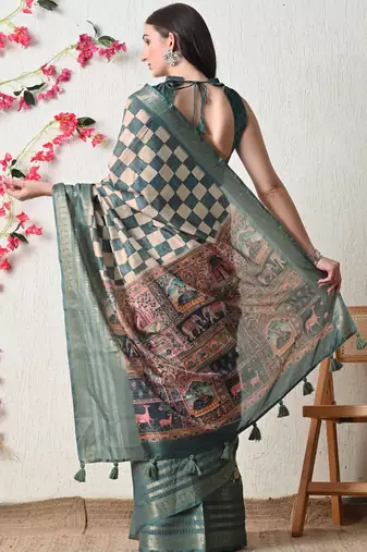 teal cotton blend checks print golden zari woven border saree with unstitched blouse piece