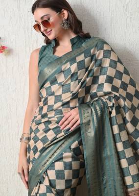 teal cotton blend checks print golden zari woven border saree with unstitched blouse piece 5