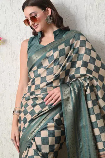 teal cotton blend checks print golden zari woven border saree with unstitched blouse piece