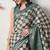 teal cotton blend checks print golden zari woven border saree with unstitched blouse piece