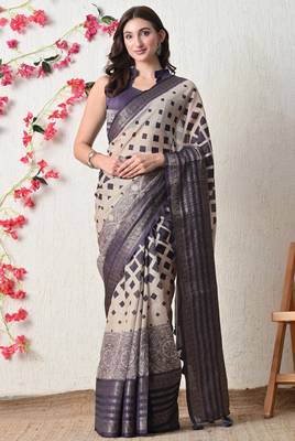 beige cotton blend block print golden zari woven border saree with unstitched blouse piece 1