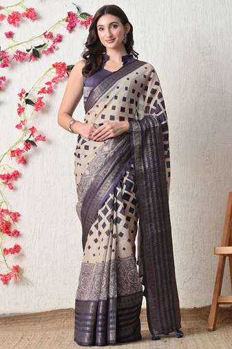 beige cotton blend block print golden zari woven border saree with unstitched blouse piece