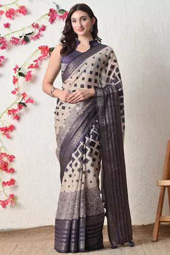 beige cotton blend block print golden zari woven border saree with unstitched blouse piece