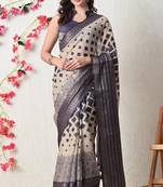 beige cotton blend block print golden zari woven border saree with unstitched blouse piece