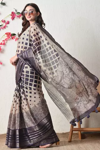 beige cotton blend block print golden zari woven border saree with unstitched blouse piece
