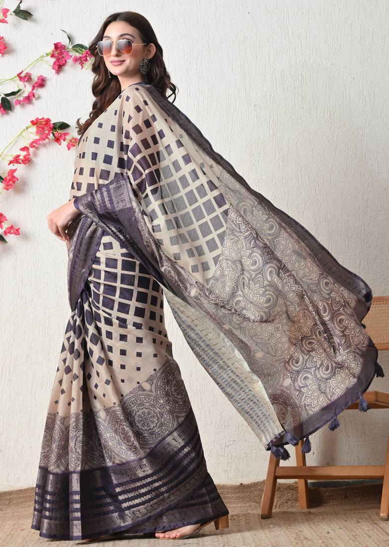 beige cotton blend block print golden zari woven border saree with unstitched blouse piece