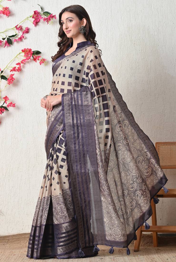 beige cotton blend block print golden zari woven border saree with unstitched blouse piece