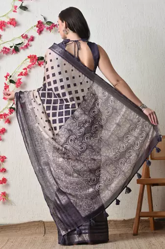 beige cotton blend block print golden zari woven border saree with unstitched blouse piece