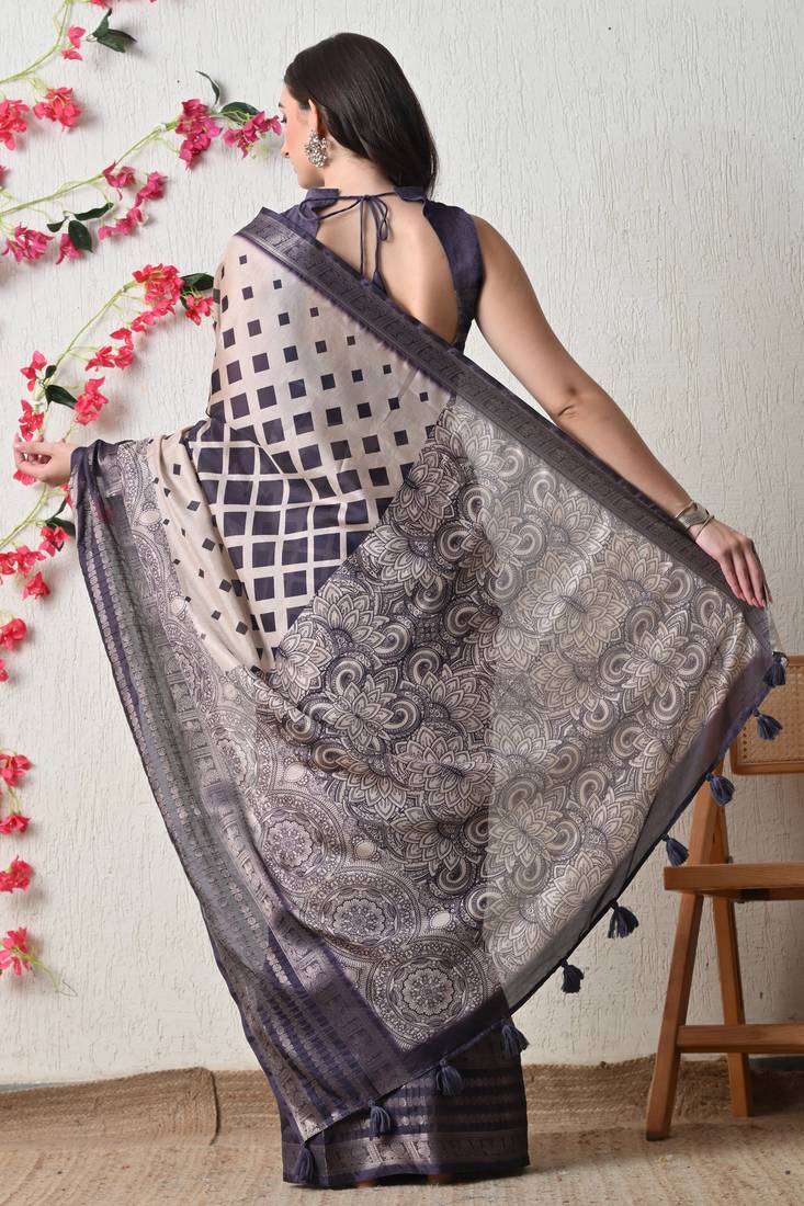 beige cotton blend block print golden zari woven border saree with unstitched blouse piece
