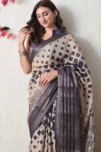 beige cotton blend block print golden zari woven border saree with unstitched blouse piece