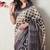 beige cotton blend block print golden zari woven border saree with unstitched blouse piece
