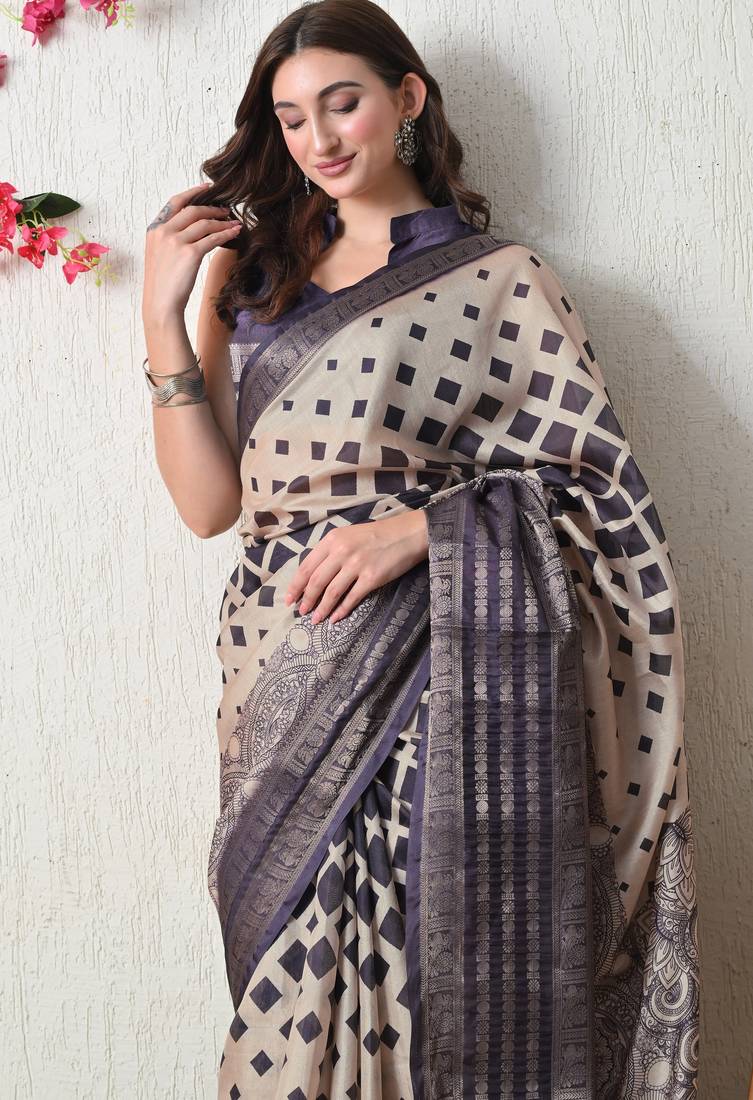 beige cotton blend block print golden zari woven border saree with unstitched blouse piece