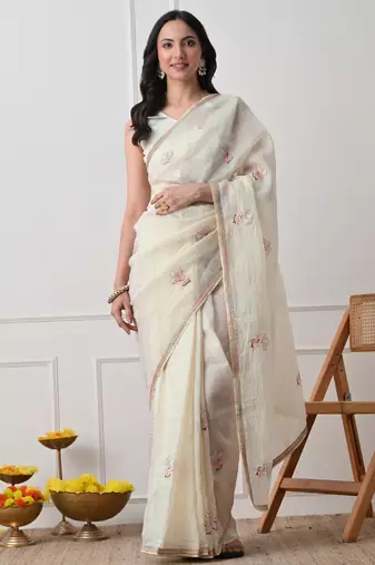 off white tissue crush embellished lace border saree with unstitched blouse piece