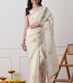 off white tissue crush embellished lace border saree with unstitched blouse piece