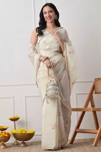 off white tissue crush embellished lace border saree with unstitched blouse piece