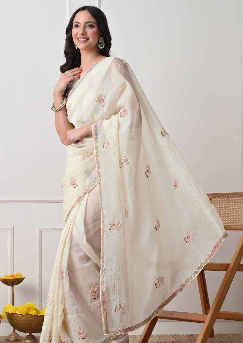 off white tissue crush embellished lace border saree with unstitched blouse piece