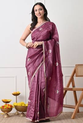 magenta tissue crush embellished lace border saree with unstitched blouse piece 1