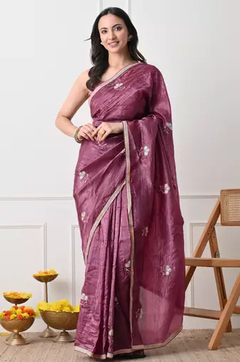 magenta tissue crush embellished lace border saree with unstitched blouse piece
