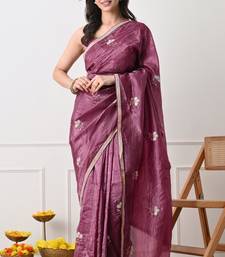 magenta tissue crush embellished lace border saree with unstitched blouse piece