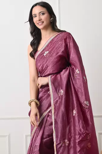 magenta tissue crush embellished lace border saree with unstitched blouse piece