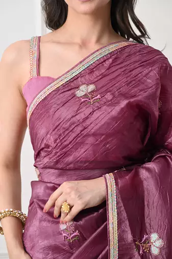 magenta tissue crush embellished lace border saree with unstitched blouse piece