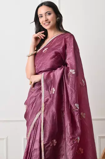 magenta tissue crush embellished lace border saree with unstitched blouse piece