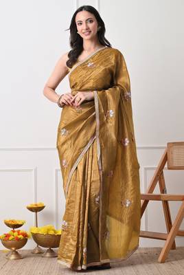 mustard tissue crush embellished lace border saree with unstitched blouse piece 1
